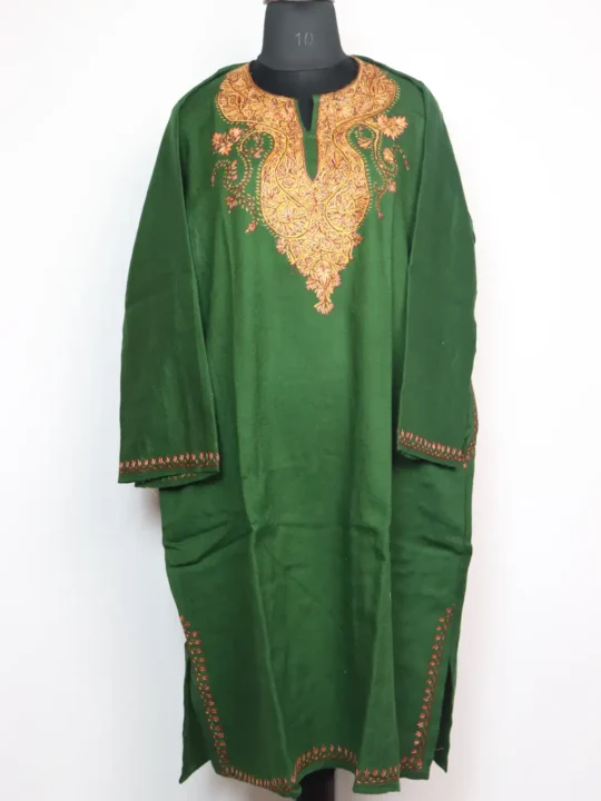 Green Raffal Wool Pheran with Hand Sozni Embroidery Hidayat