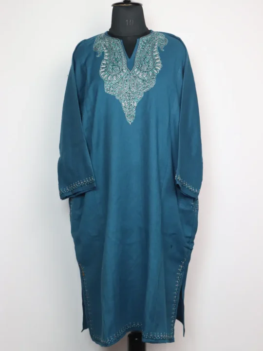 Nazok Blue Raffal Wool Pheran with Hand Sozni Embroidery
