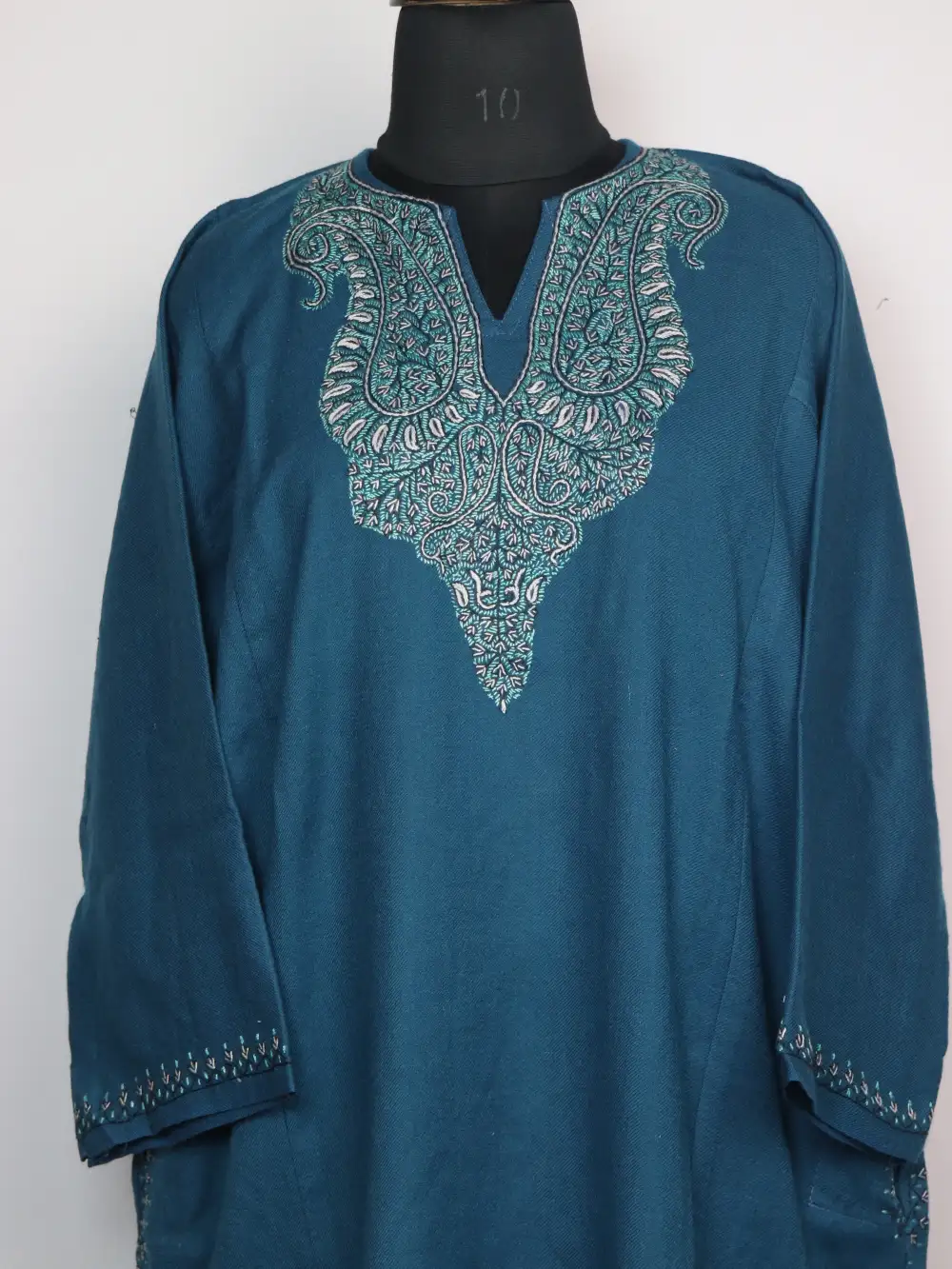 Nazok Blue Raffal Wool Loose Pheran with Hand Sozni Embroidery - Image 2