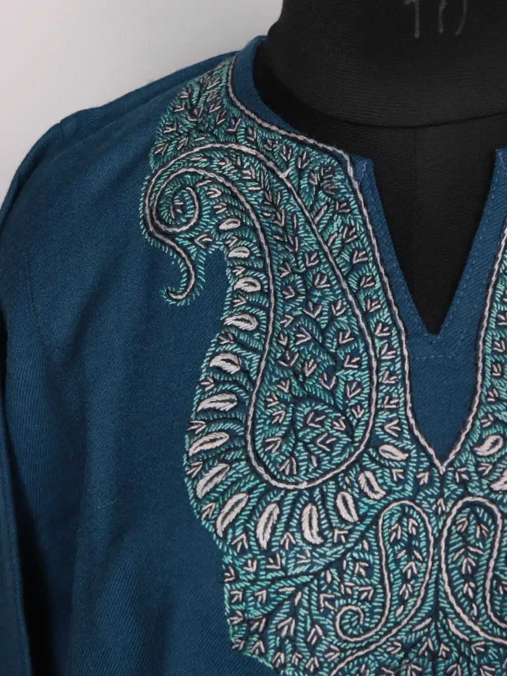 Nazok Blue Raffal Wool Loose Pheran with Hand Sozni Embroidery - Image 3