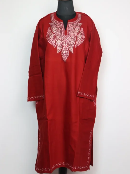 Maroon Lateef Raffal Wool Pheran with Hand Sozni Work
