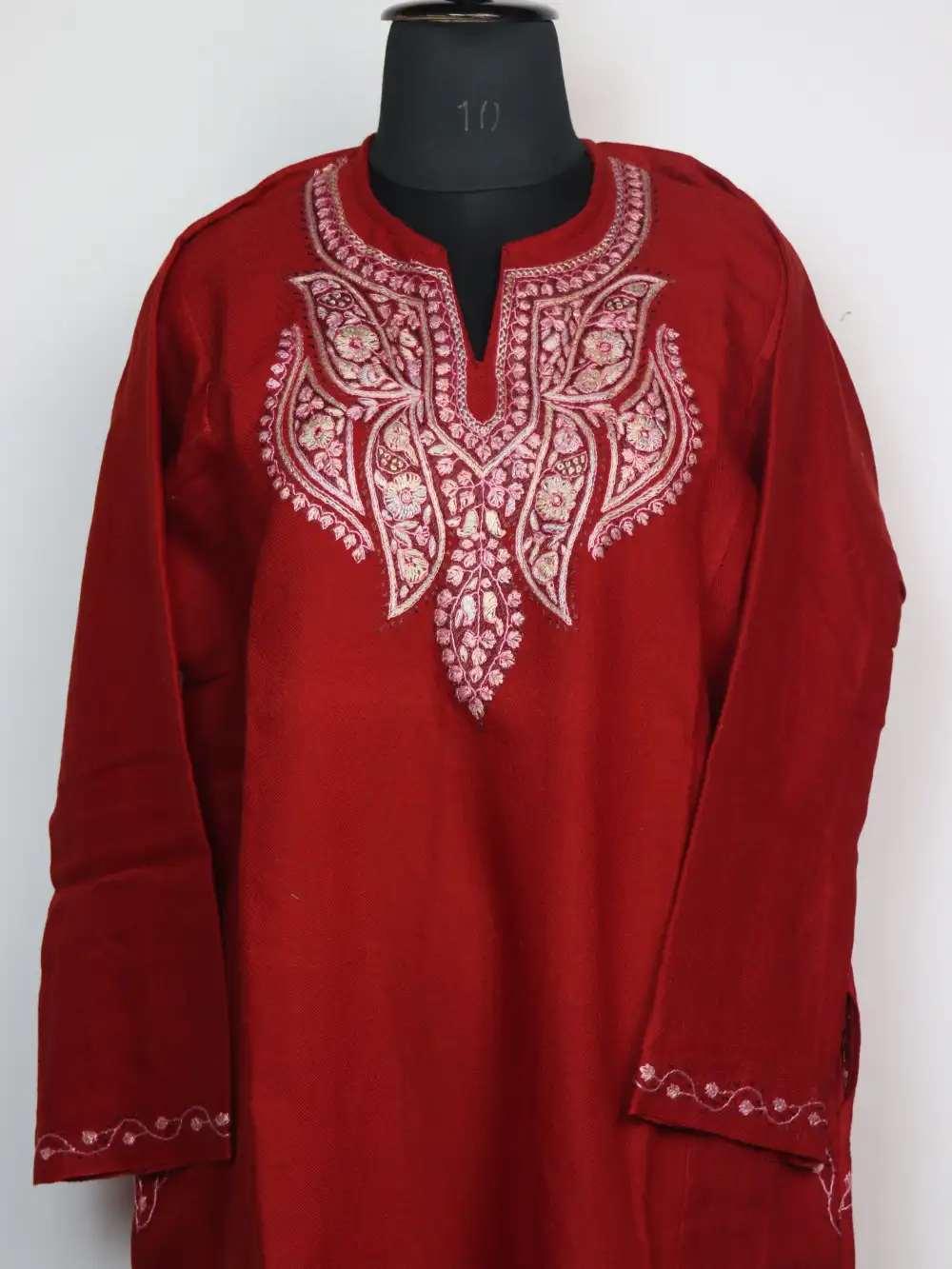 Maroon Lateef Raffal Wool Pheran with Hand Sozni Work - Image 2