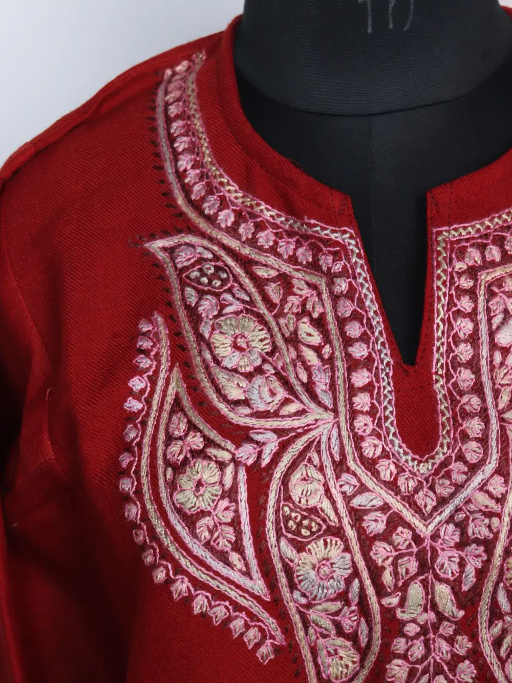 Maroon Lateef Raffal Wool Pheran with Hand Sozni Work - Image 3