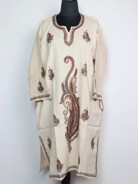 Naqish White Raffal Wool Pheran with Hand Sozni Work