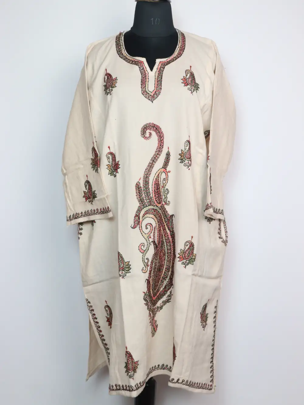 Naqish White Raffal Wool Pheran with Hand Sozni Work