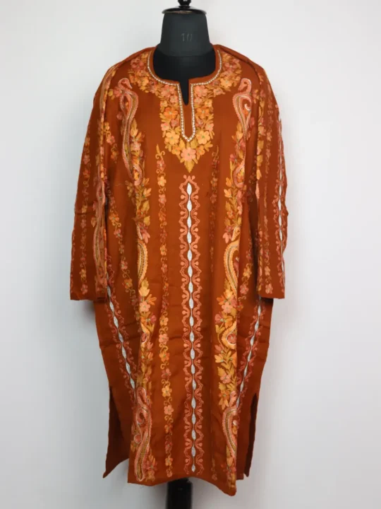 Rust Raffal Wool Wafat Pheran with Badam Panel Aari and Zari Work