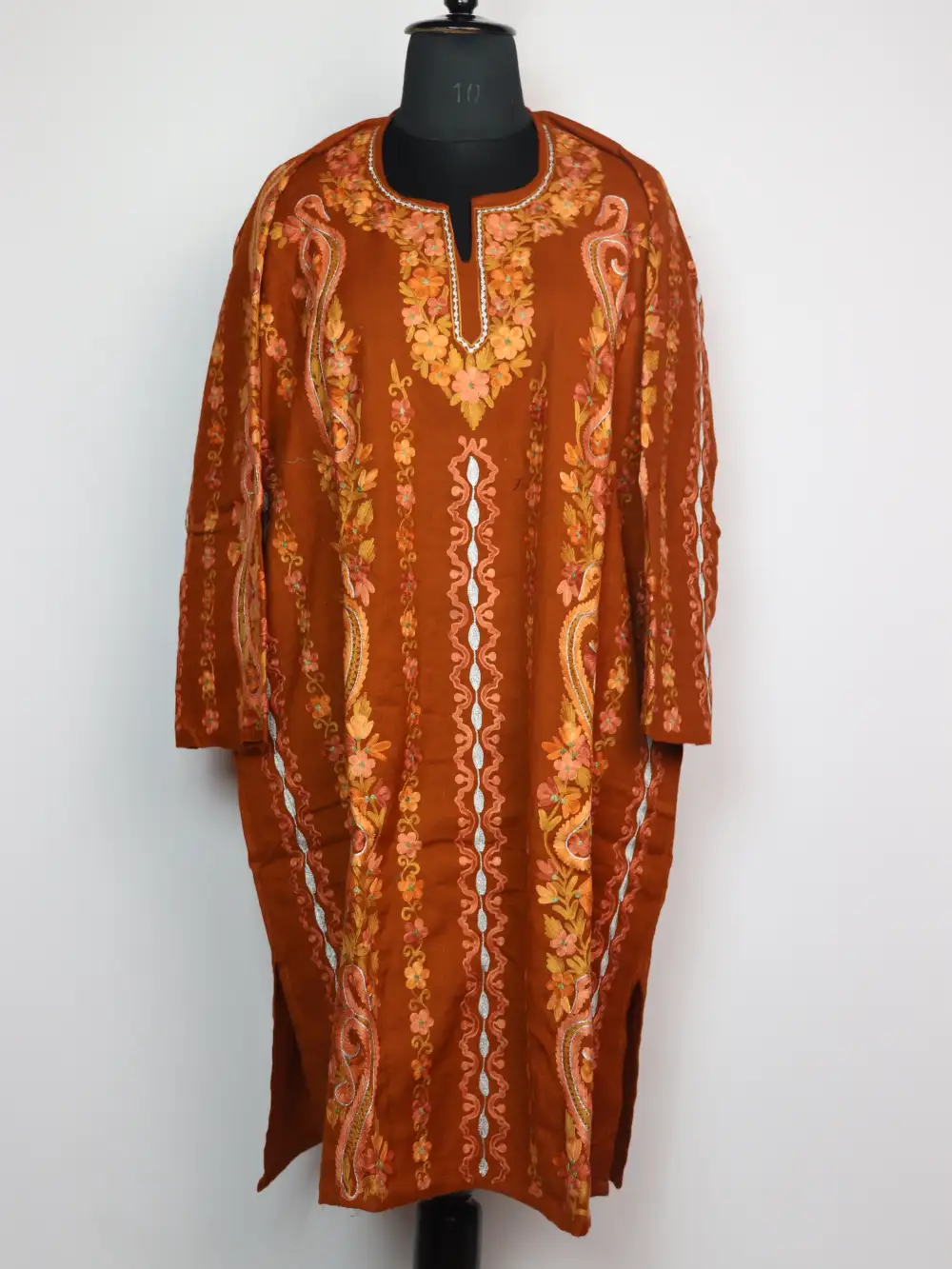 Rust Raffal Wool Wafat Pheran with Badam Panel Aari and Zari Work