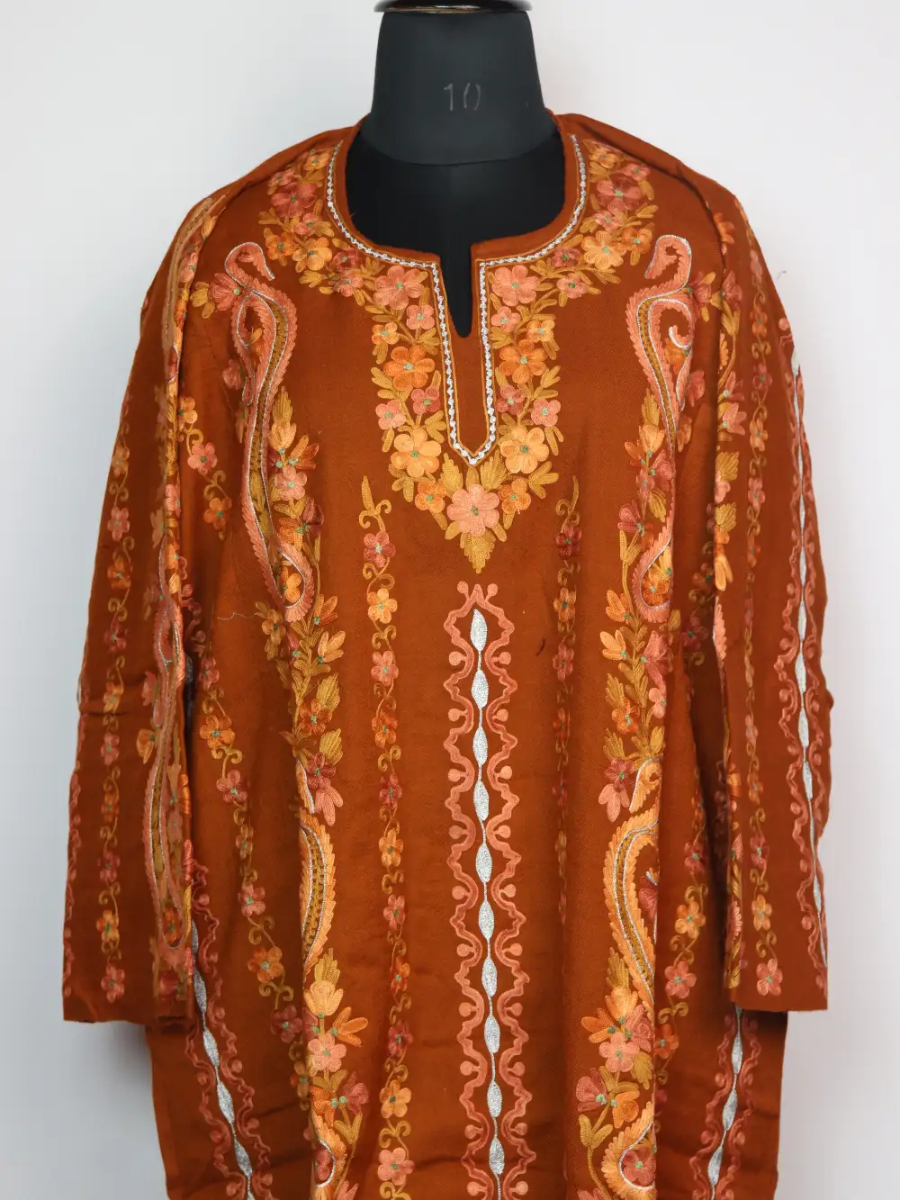 Loose Rust Raffal Wool Wafat Pheran with Badam Panel Aari and Zari Work - Image 3