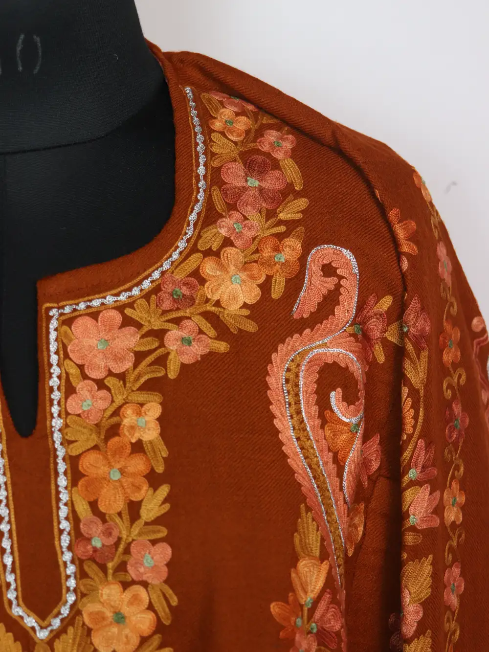 Loose Rust Raffal Wool Wafat Pheran with Badam Panel Aari and Zari Work - Image 2