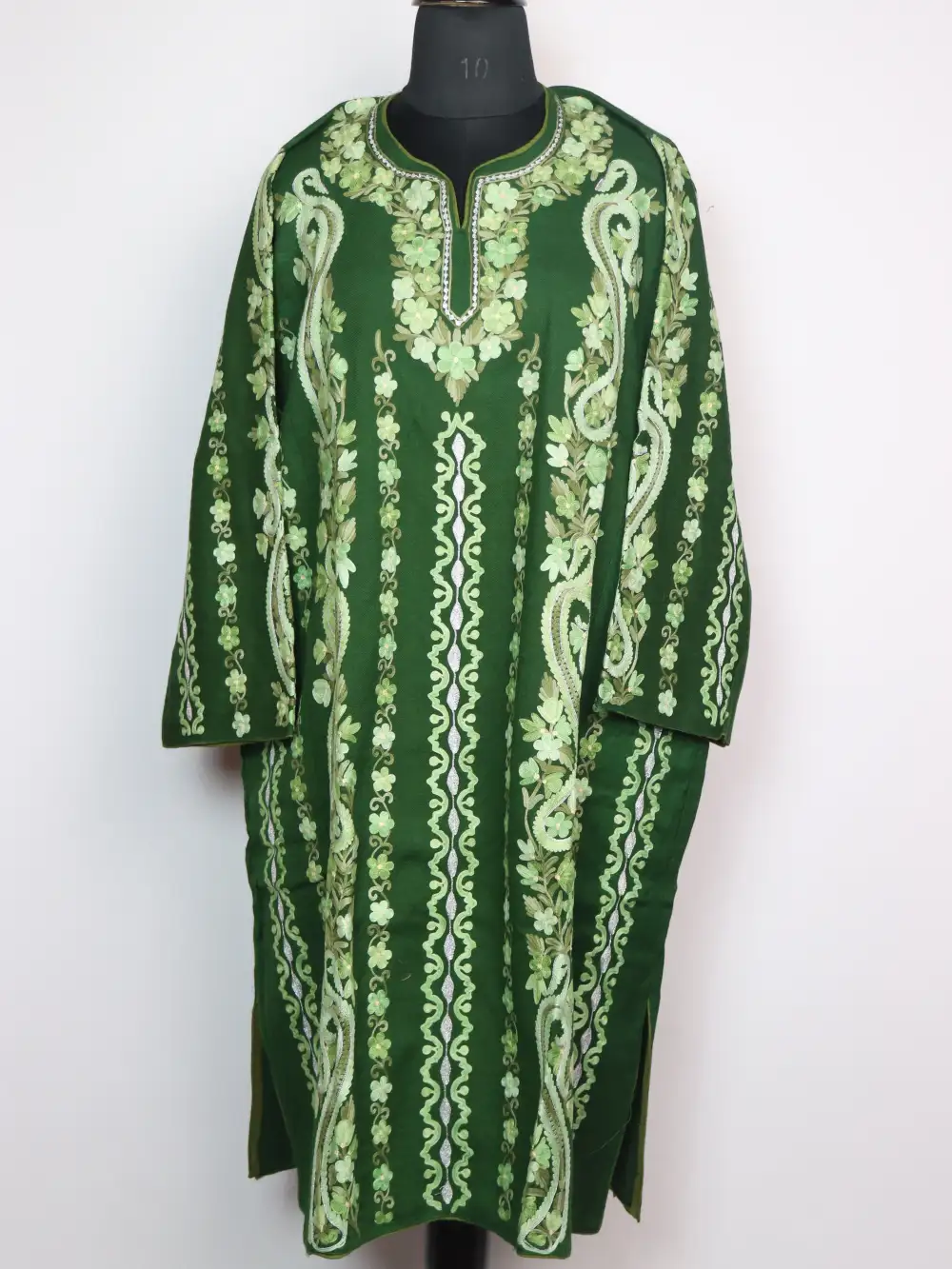 Noorani Green Raffal Wool Pheran with Badam Panel Aari and Zari Work