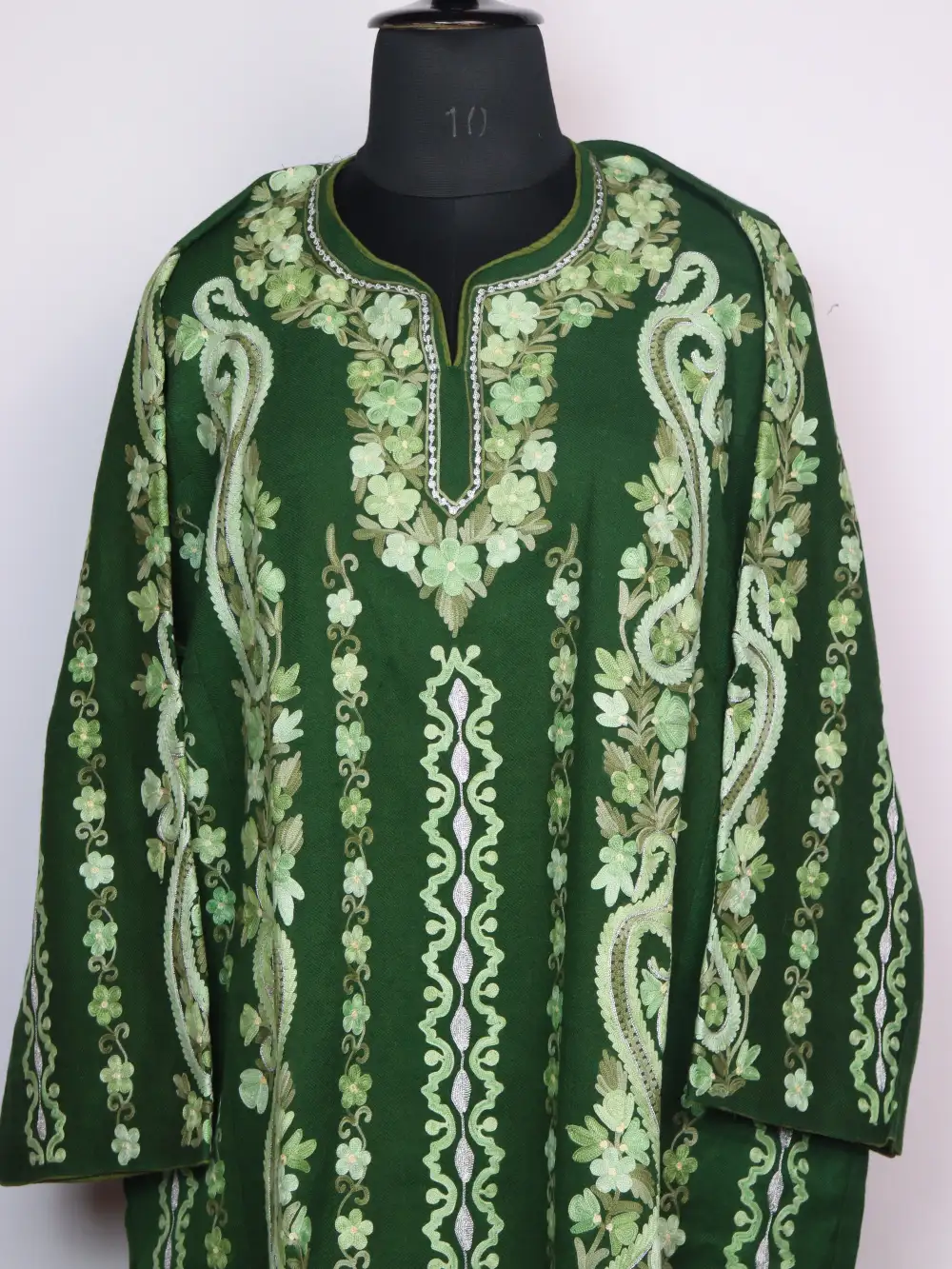 Noorani Green Raffal Wool Pheran with Badam Panel Aari and Zari Work - Image 2