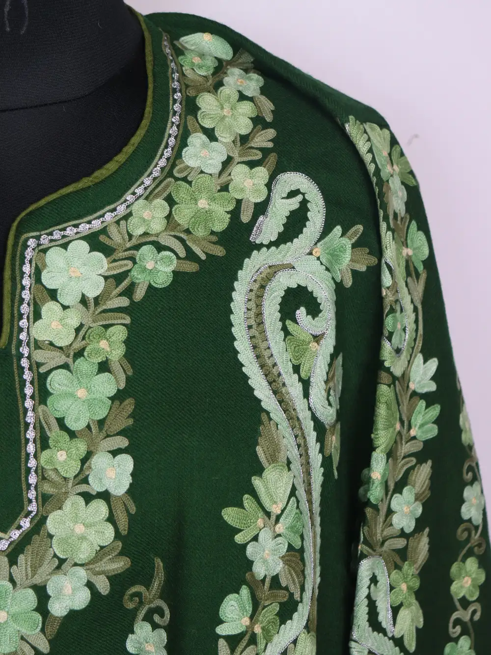 Noorani Green Raffal Wool Pheran with Badam Panel Aari and Zari Work - Image 3