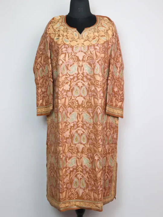 Brown Raffal Wool Horain Pheran with All-over Aari and Zari Work