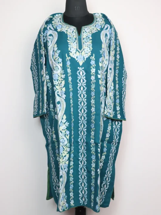 Blue Raffal Wool Saqeen Pheran with Badam Panel Aari and Zari Work