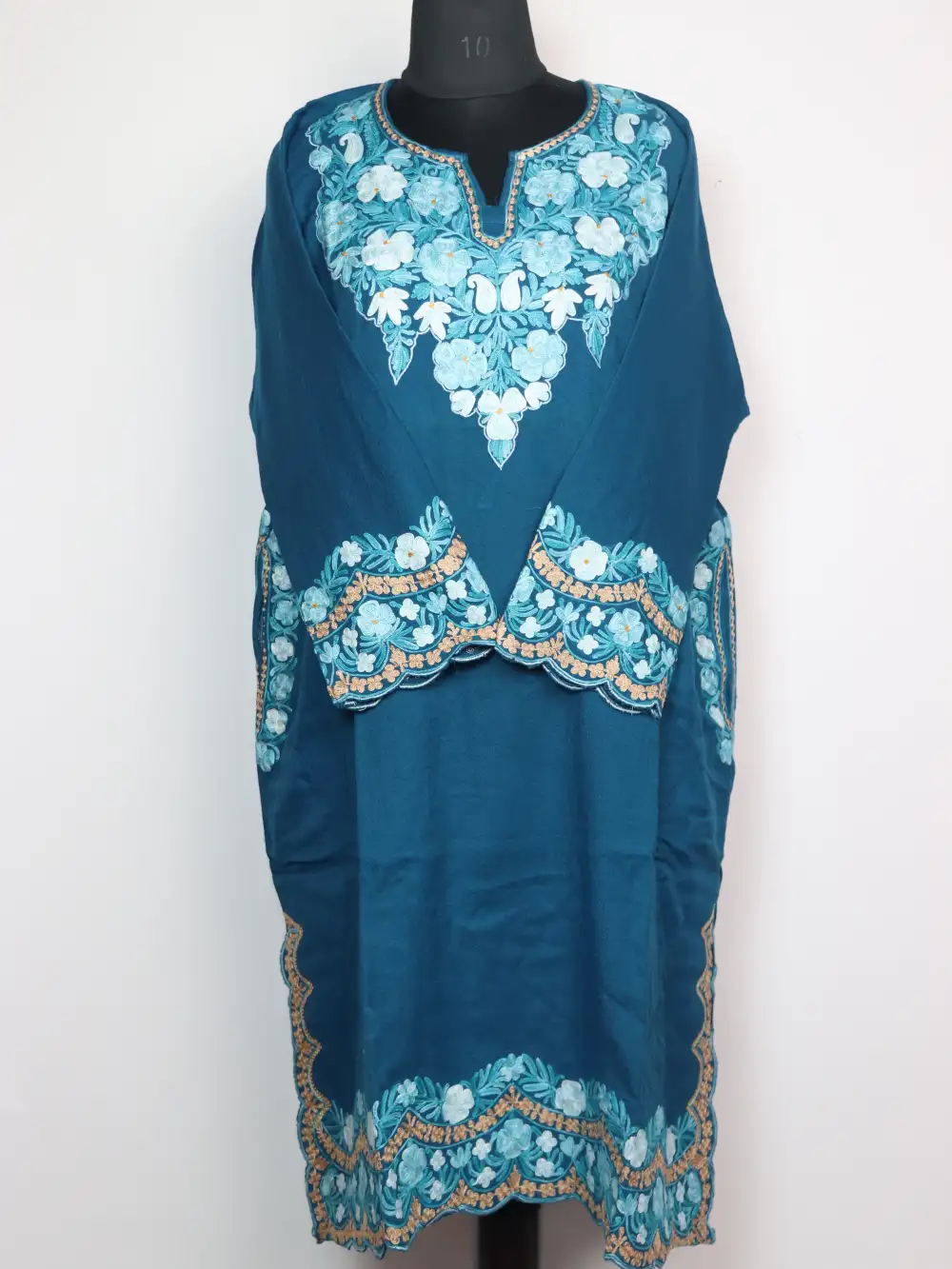 Raffal Wool Saqeen Scalping Teal Blue Pheran with Aari and Zari Work