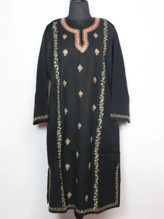 Fariha Kashmiri Raffal Wool Black Pheran with Hand Sozni Embroidery