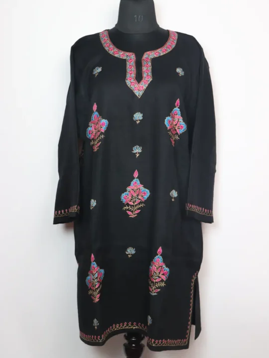 Nihayat Black Kashmiri Raffal Wool Short Pheran with Hand Sozni Embroidery