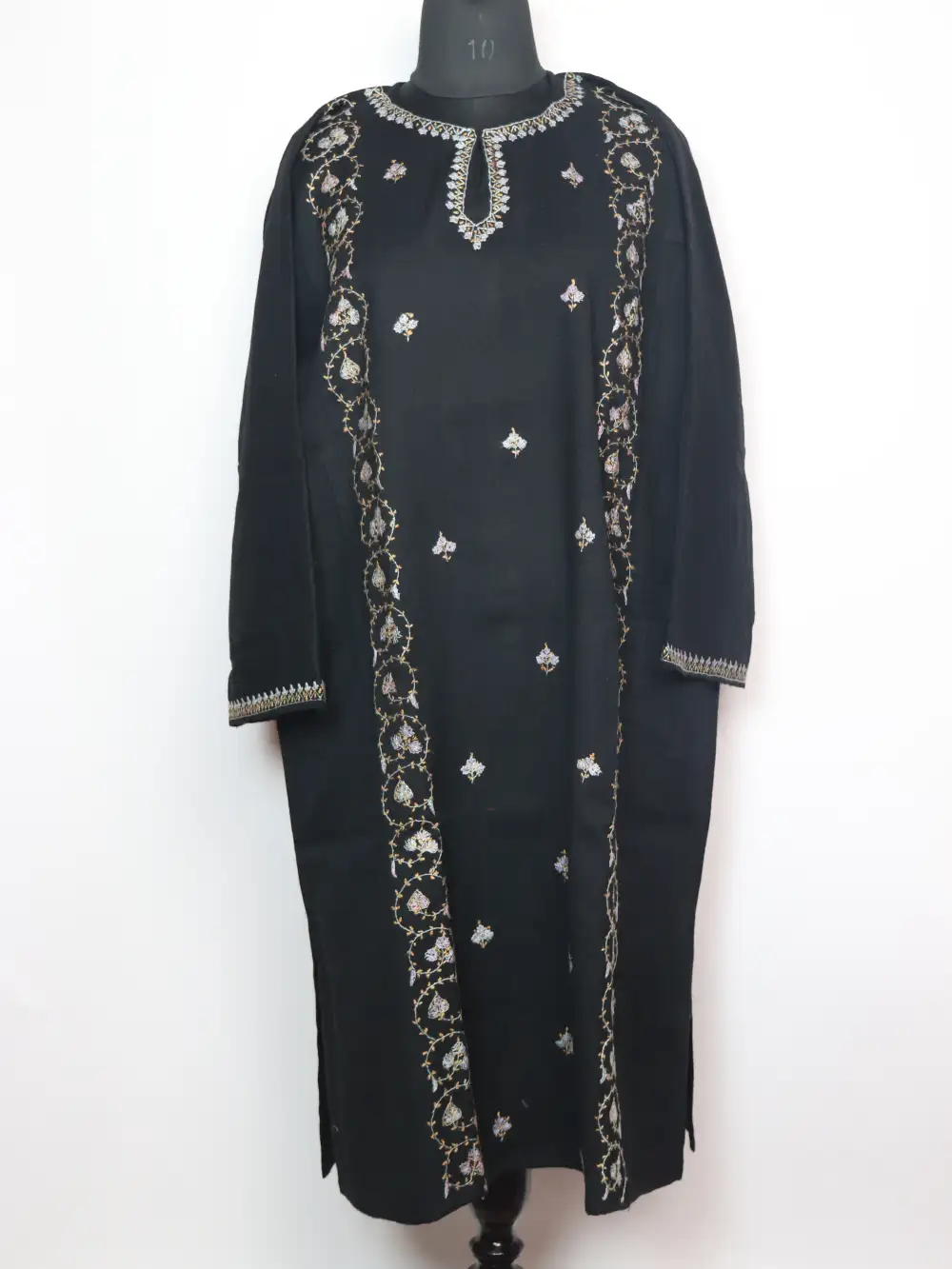 Black Kashmiri Raffal Wool Pheran with Hand Sozni Embroidery Aneesa