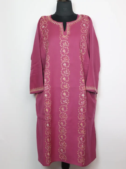 Dark Pink Kashmiri Raffal Wool Pheran with Bushra Hand Sozni Embroidery
