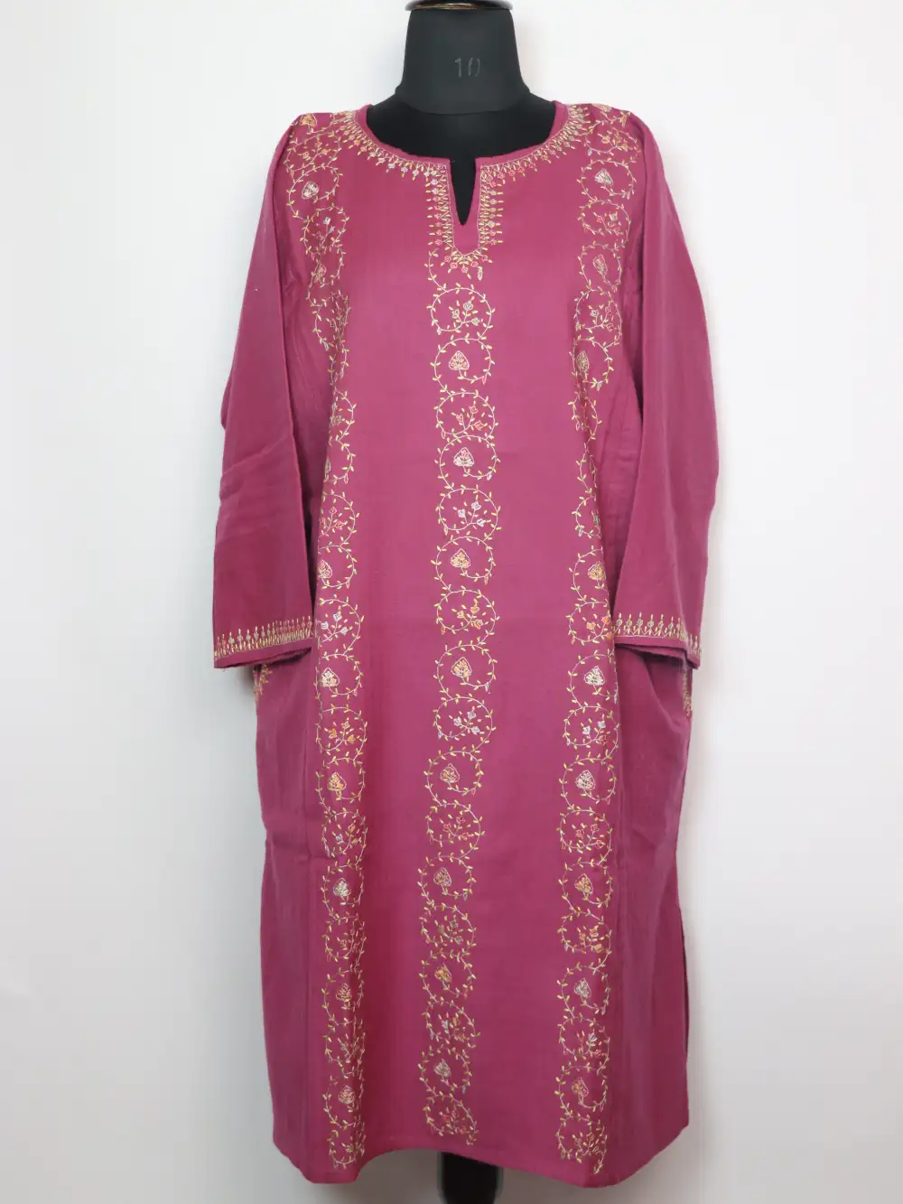 Dark Pink Kashmiri Raffal Wool Pheran with Bushra Hand Sozni Embroidery