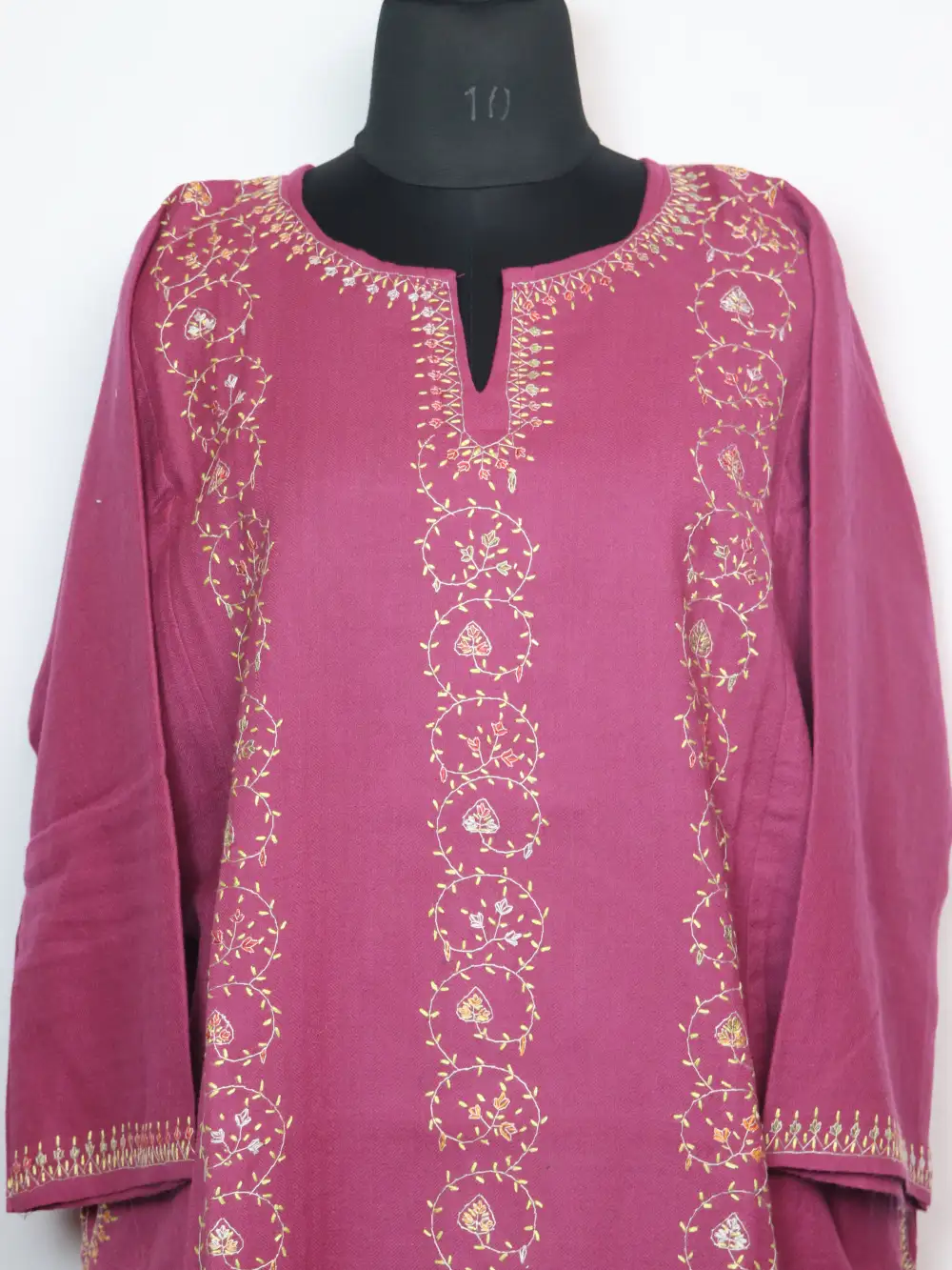 Dark Pink Kashmiri Raffal Wool Pheran with Bushra Hand Sozni Embroidery - Image 2