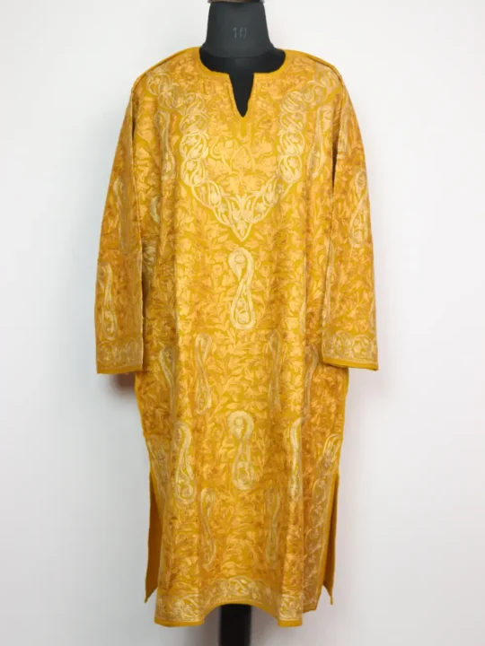 Mustard Raffal Wool Haniya Pheran with All over Aari Embroidery
