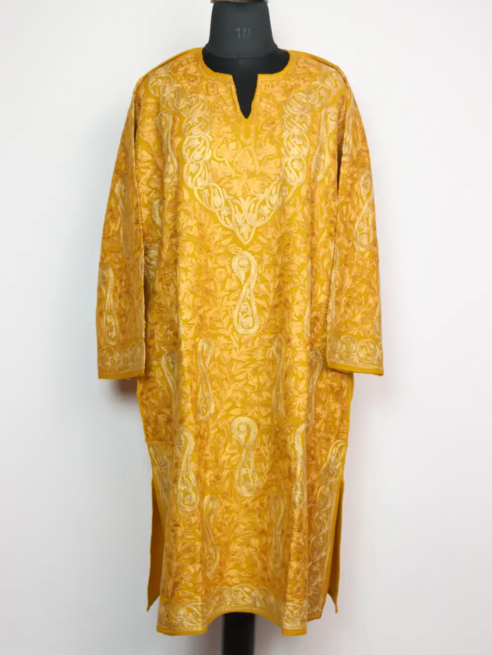 Mustard Raffal Wool Haniya Pheran with All over Aari Embroidery