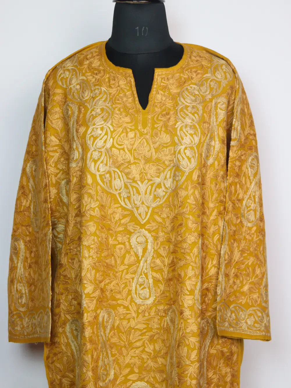 Mustard Raffal Wool Haniya Pheran with All over Aari Embroidery - Image 2