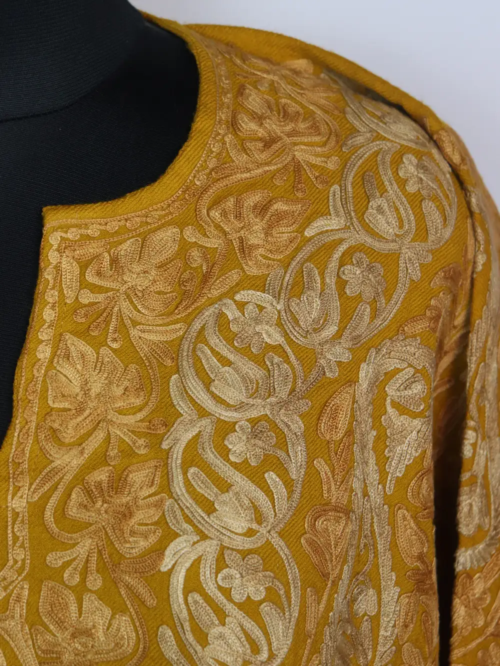 Mustard Raffal Wool Haniya Pheran with All over Aari Embroidery - Image 3