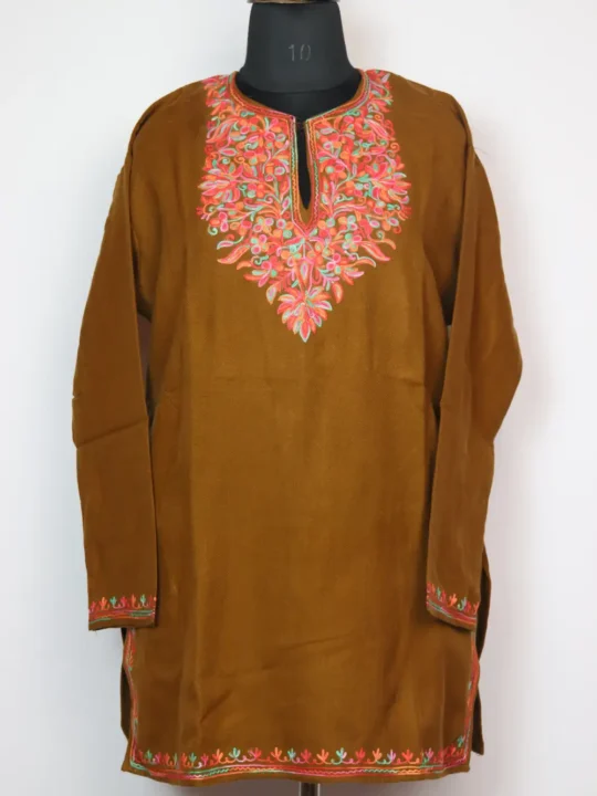 Woolen Short Brown Kurta with Aari Work in Cashmilon Laiba