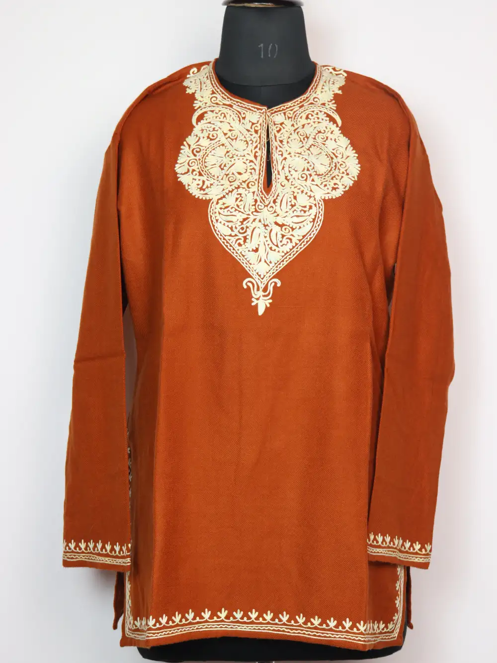Rustic Brown Short Kurta with Aari Work Rimha in Cashmilon Wool
