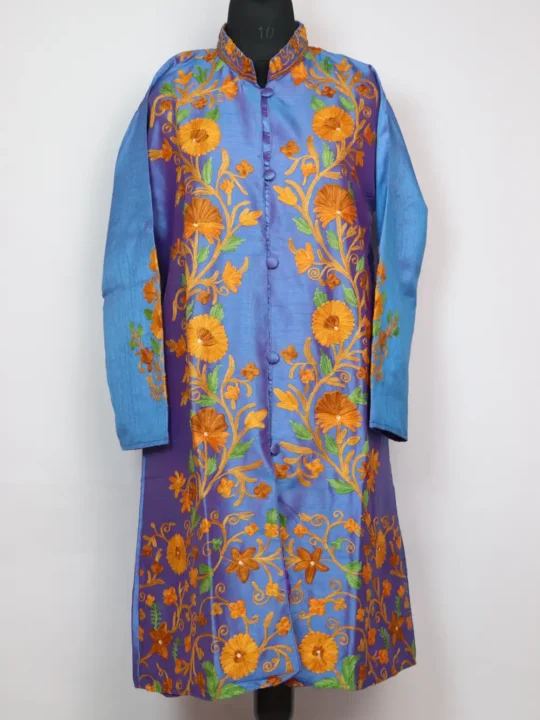 Long Women Kashmiri Powder Blue Coat Farah with Front Aari Work