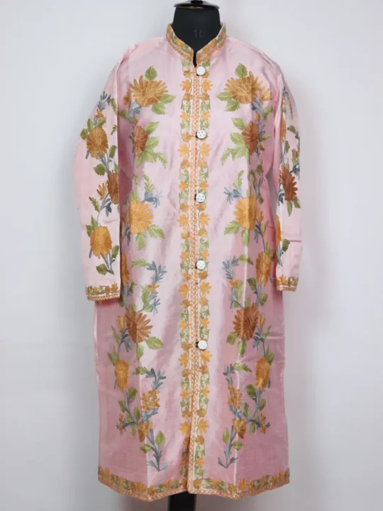 Light Pink Long Women Kashmiri Coat with Front Aari Work Saniya