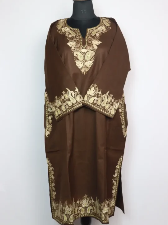 Dark Brown Tweed Pheran with Aari Embroidery