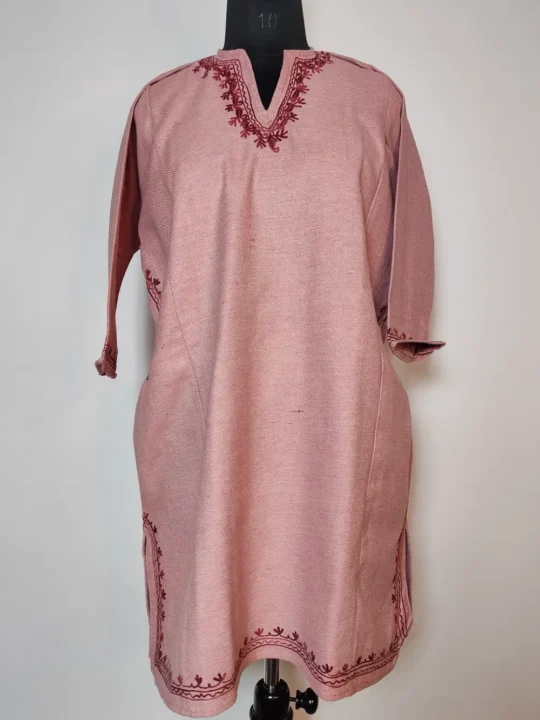 Girls Light Pink Tweed Minsa Pheran with Aari Work