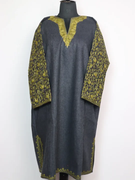 Loose Tweed Dark Grey Pheran Haya with Sleeve Aari Embroidery