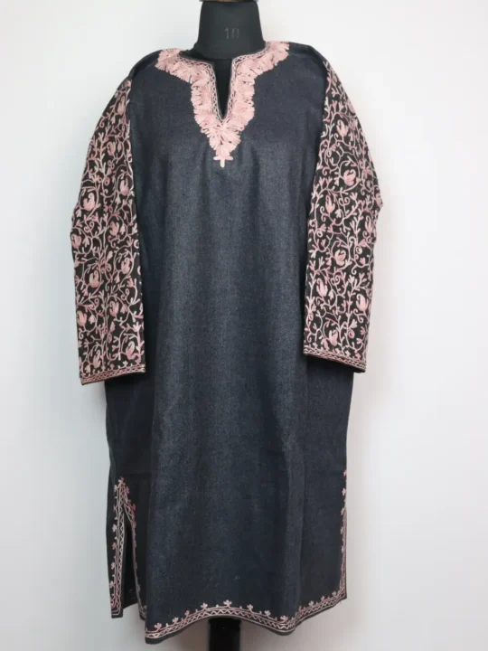 Tweed Dark Grey Loose Pheran with Sleeve Aari Work Saira