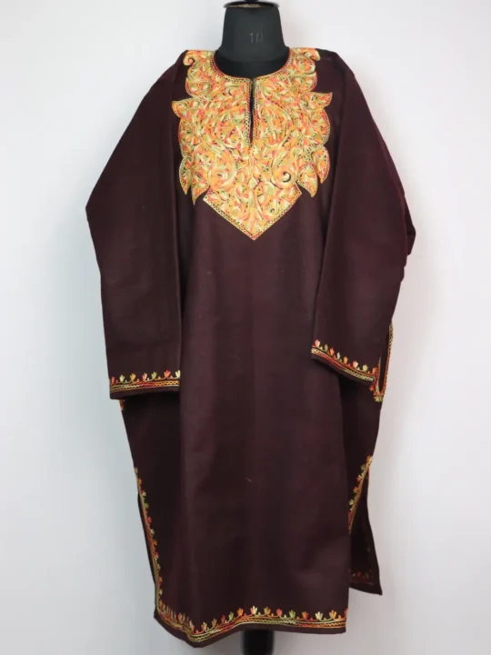 Wine Tweed Loose Pheran with Aari Embroidery Shahjar