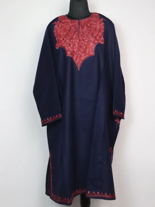 Rahma Dark Blue Loose Pheran in Tweed with Aari Work
