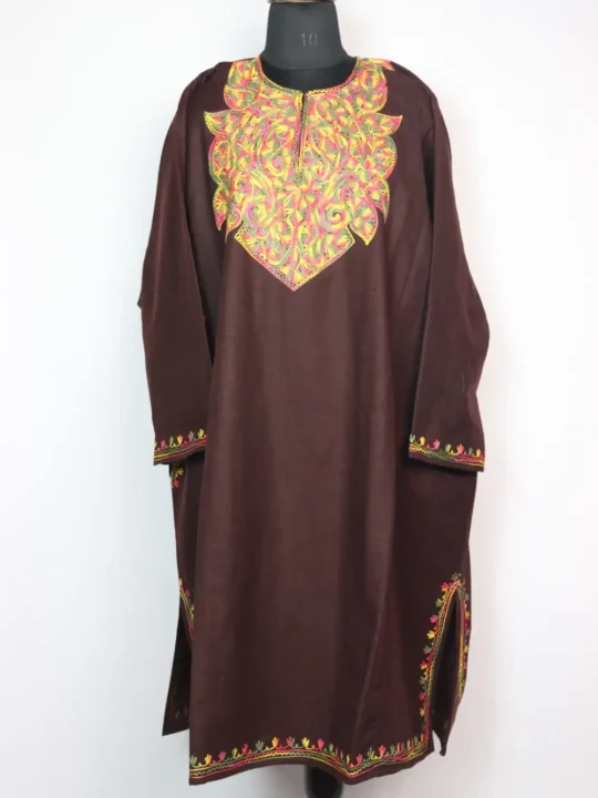 Embroidered Brown Loose Pheran Noor with Aari in Tweed