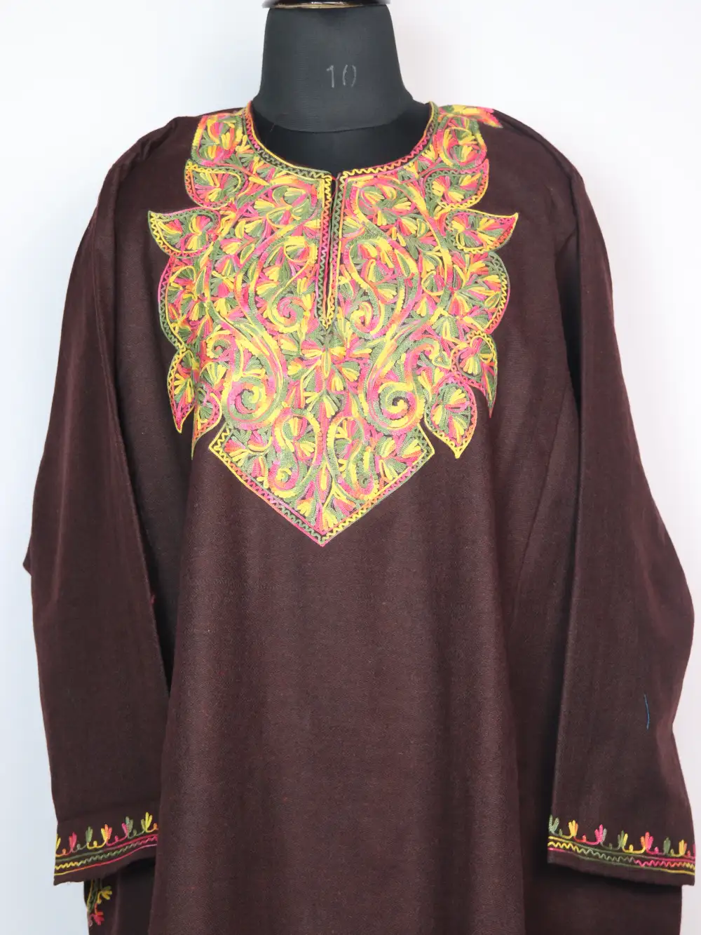 Embroidered Brown Loose Pheran Noor with Aari in Tweed - Image 2