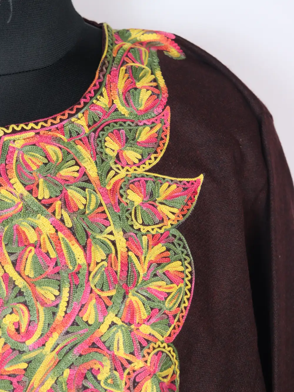 Embroidered Brown Loose Pheran Noor with Aari in Tweed - Image 3