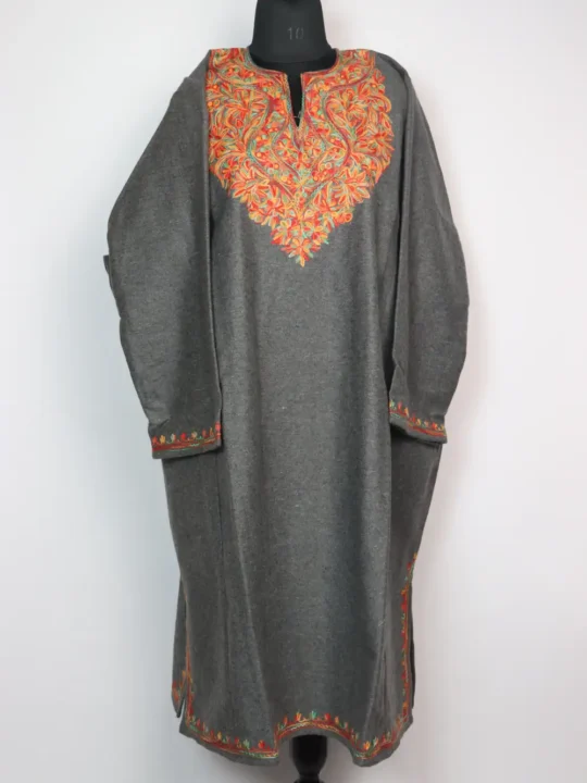 Inara Grey Loose Pheran in Tweed with Aari Embroidery