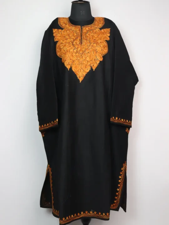 Black Loose Pheran in Tweed with Aari Embroidery Mehreen