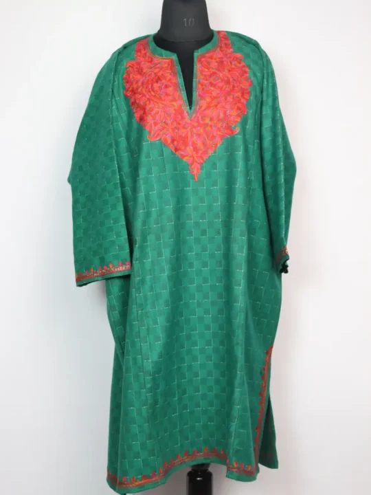 Nazakat Green Loose Pheran in Tweed with Aari Embroidery