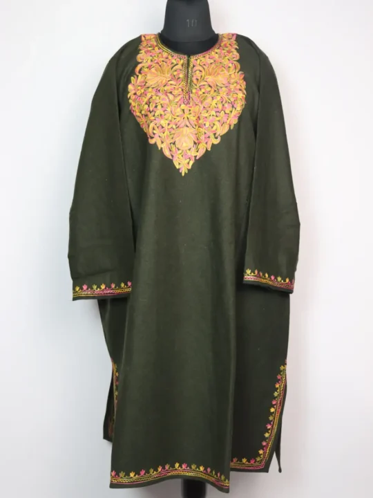 Olive Green Loose Pheran Samina with Aari Work in Tweed