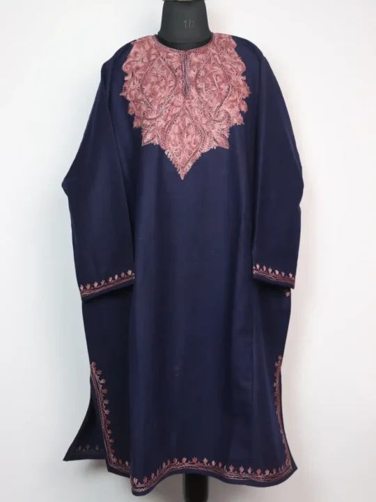 Tweed Navy Blue Loose Pheran with Aari Work Zeenat