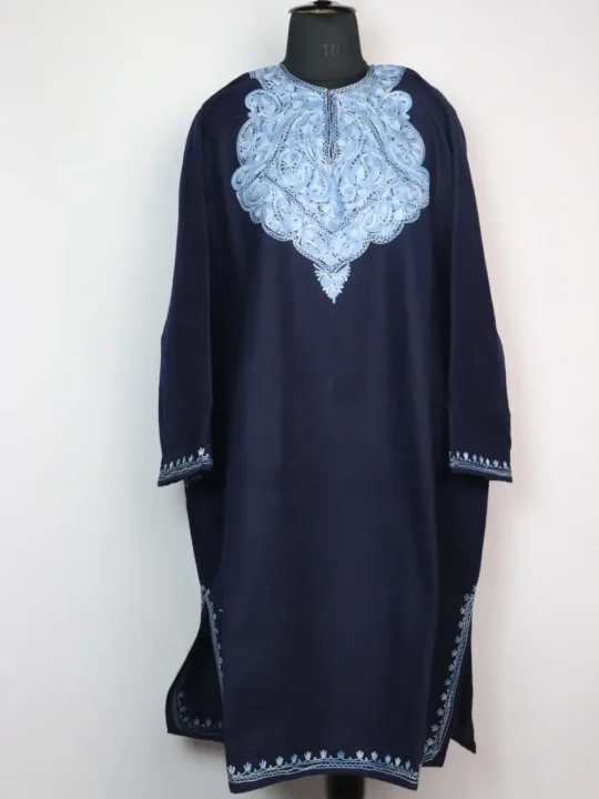 Dark Blue Tweed Loose Pheran Maimuna with Aari Work