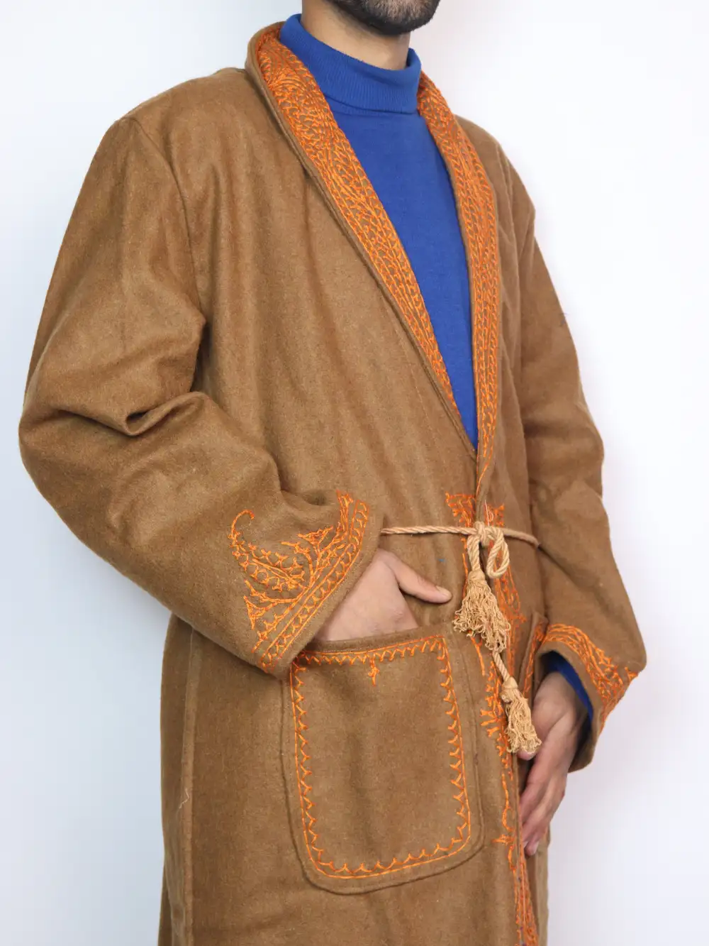 Kashmiri Brown Tweed Gown | Bathrobe with Hand Aari Embroidery - Image 4