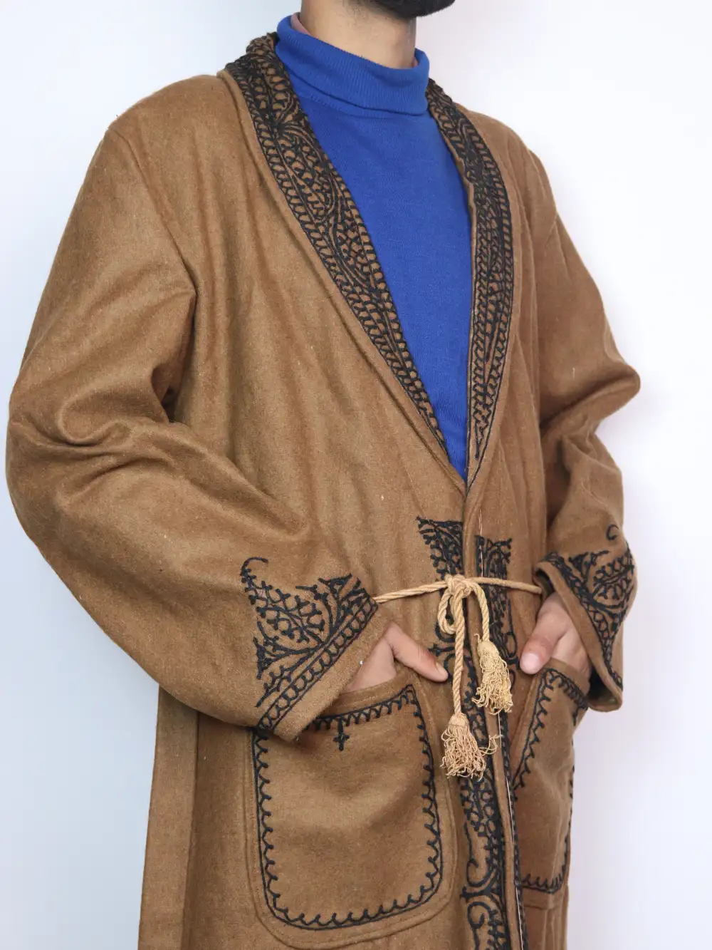 Brown Tweed Gown | Bathrobe with Hand Aari Embroidery from Kashmir - Image 2